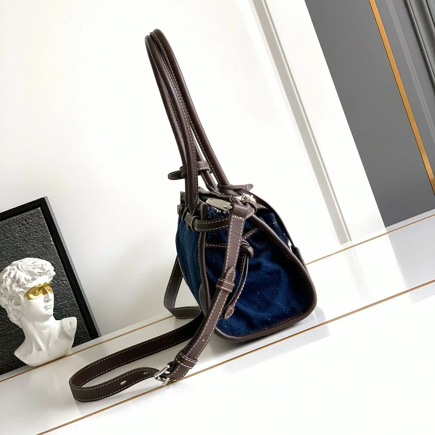 Luxury Bags Denim - Denim Deri Mini Boston Çanta, Lüks